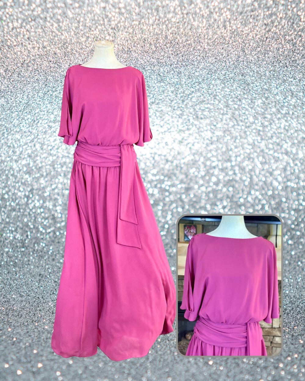 Vintage 70s Joy Stevens California Magenta Pink Draped Maxi Dress Disco Size 6